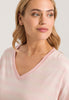 Close-up view of a women model wearing HA coral stripes cotton S/SLV Nightdress 85cm