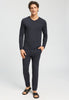 Full-body view of a men model wearing HA charcoal melange modal/viscose/tencel L/SLV Shirt V-Neck