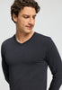 Close-up view of a men model wearing HA charcoal melange modal/viscose/tencel L/SLV Shirt V-Neck