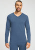 Front view of a men model wearing HA tanzanite melange modal/viscose/tencel L/SLV Shirt V-Neck