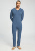 Full-body view of a men model wearing HA tanzanite melange modal/viscose/tencel L/SLV Shirt V-Neck