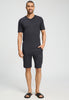 Full-body view of a men model wearing HA charcoal melange modal/viscose/tencel S/SLV Shirt V-Neck