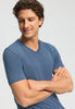 Close-up view of a men model wearing HA tanzanite melange modal/viscose/tencel S/SLV Shirt V-Neck