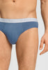 Close-up view of a men model wearing HA stormy gray/tanzanite cotton Briefs 2Pack