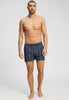 Full-body view of a men model wearing HA checked blue cotton Boxers