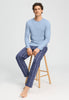 Full-body view of a men model wearing HA cashmere blue cotton L/SLV Shirt