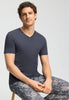 Close-up view of a men model wearing HA stormy gray cotton S/SLV Shirt V-Neck