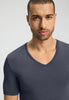 Close-up view of a men model wearing HA stormy gray modal/viscose/tencel S/SLV Shirt V-Neck