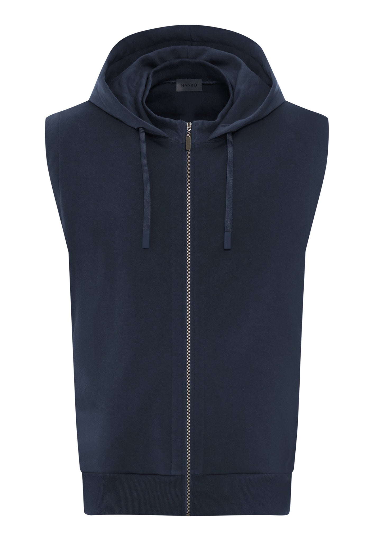 Front cutout view of HA deep navy cotton Zippered vest