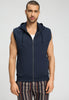 Front view of a men model wearing HA deep navy cotton Zippered vest