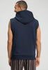 Back view of a men model wearing HA deep navy cotton Zippered vest