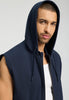 Close-up view of a men model wearing HA deep navy cotton Zippered vest