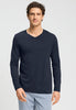 Front view of a men model wearing HA deep navy cotton L/SLV Shirt V-Neck