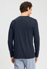 Back view of a men model wearing HA deep navy cotton L/SLV Shirt V-Neck