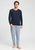 Full-body view of a men model wearing HA deep navy cotton L/SLV Shirt V-Neck