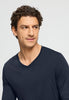 Close-up view of a men model wearing HA deep navy cotton L/SLV Shirt V-Neck