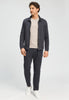 Full-body view of a men model wearing HA smokey charcoal cotton Cardigan