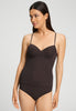 Front view of a women model wearing HA mocha brown microfibre Padded Bra-Camisole