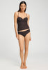 Full-body view of a women model wearing HA mocha brown microfibre Padded Bra-Camisole