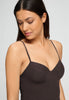 Close-up view of a women model wearing HA mocha brown microfibre Padded Bra-Camisole