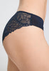 Close-up view of a women model wearing HA deep navy modal/viscose/tencel Mini Briefs