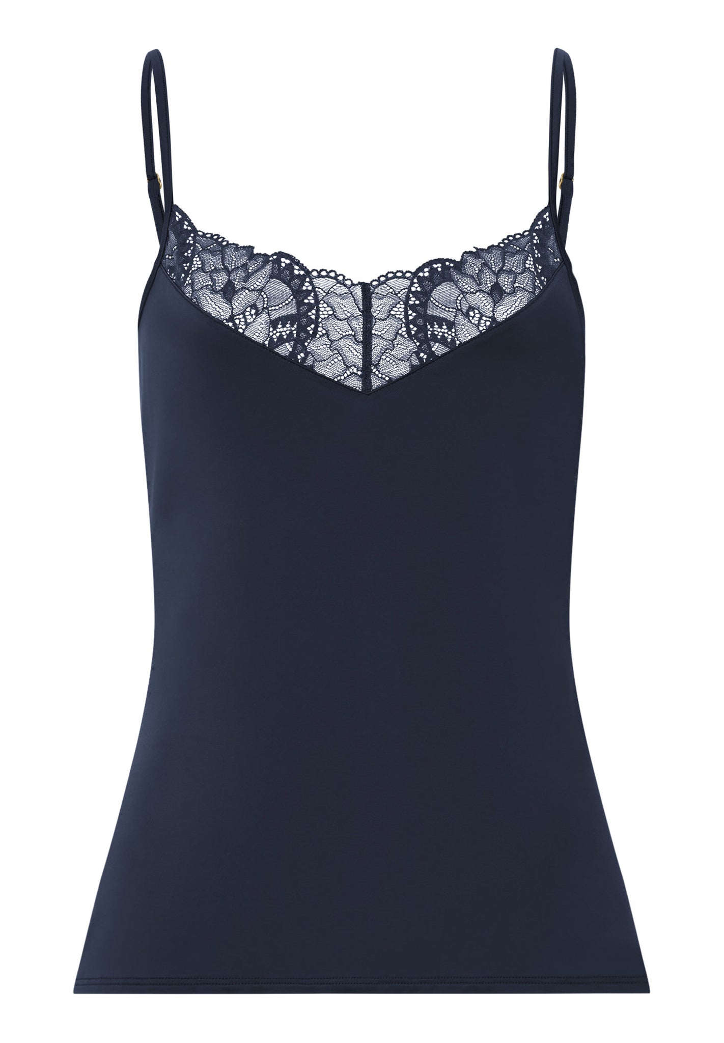 Front cutout view of HA deep navy modal/viscose/tencel Spaghetti Top