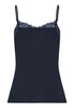 Back cutout view of HA deep navy modal/viscose/tencel Spaghetti Top