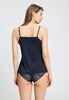 Back view of a women model wearing HA deep navy modal/viscose/tencel Spaghetti Top