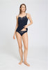 Full-body view of a women model wearing HA deep navy modal/viscose/tencel Spaghetti Top
