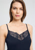 Close-up view of a women model wearing HA deep navy modal/viscose/tencel Spaghetti Top