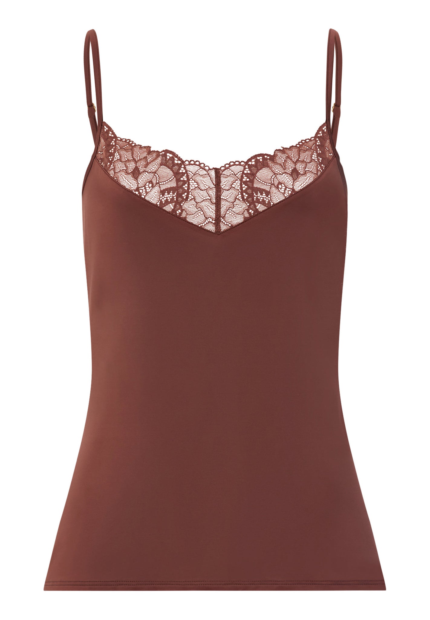 Front cutout view of HA cinnamon modal/viscose/tencel Spaghetti Top