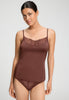 Front view of a women model wearing HA cinnamon modal/viscose/tencel Spaghetti Top