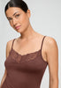 Close-up view of a women model wearing HA cinnamon modal/viscose/tencel Spaghetti Top
