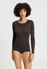 Front view of a women model wearing HA dark mocha cotton L/SLV Shirt