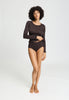 Full-body view of a women model wearing HA dark mocha cotton L/SLV Shirt
