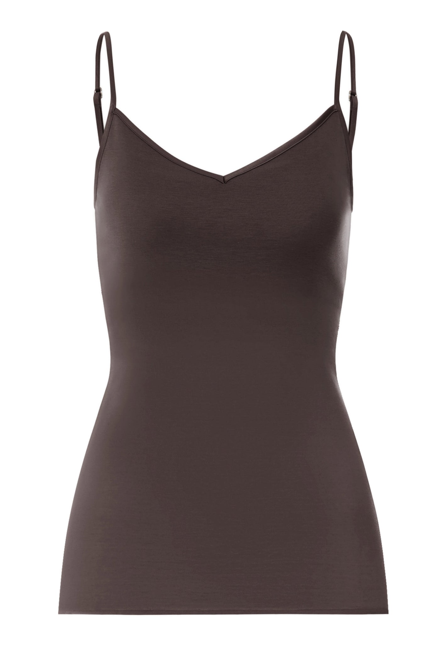 Front cutout view of HA dark mocha cotton Padded Spaghetti Top