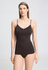 Front view of a women model wearing HA dark mocha cotton Padded Spaghetti Top