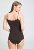 Back view of a women model wearing HA dark mocha cotton Padded Spaghetti Top