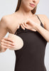 Close-up view of a women model wearing HA dark mocha cotton Padded Spaghetti Top