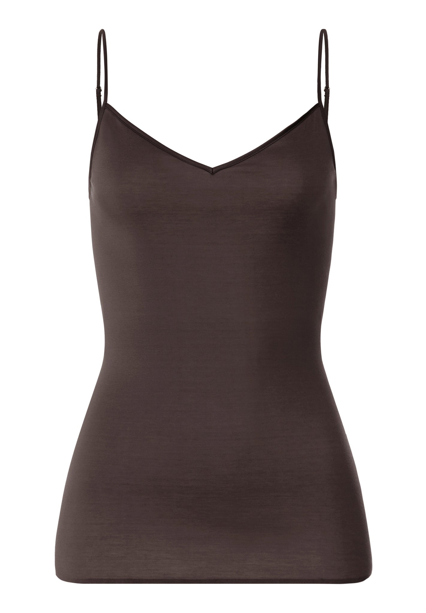 Front cutout view of HA dark mocha cotton Spaghetti Top