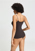 Back view of a women model wearing HA dark mocha cotton Spaghetti Top
