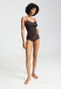 Full-body view of a women model wearing HA dark mocha cotton Spaghetti Top