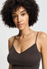 Close-up view of a women model wearing HA dark mocha cotton Spaghetti Top