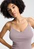 Close-up view of a women model wearing HA stormy rose cotton Spaghetti Top
