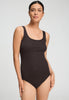 Front view of a women model wearing HA dark mocha cotton Tank Top