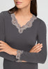 Close-up view of a women model wearing HA boulevard modal/viscose/tencel L/SLV Shirt