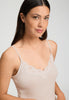 Close-up view of a women model wearing HA moonlight modal/viscose/tencel Spaghetti Top