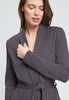 Close-up view of a women model wearing HA dark sesame cotton Robe