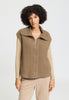 Front view of a women model wearing HA suede camel cotton Zippered vest