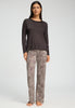 Full-body view of a women model wearing HA dark mocha modal/viscose/tencel L/SLV Shirt